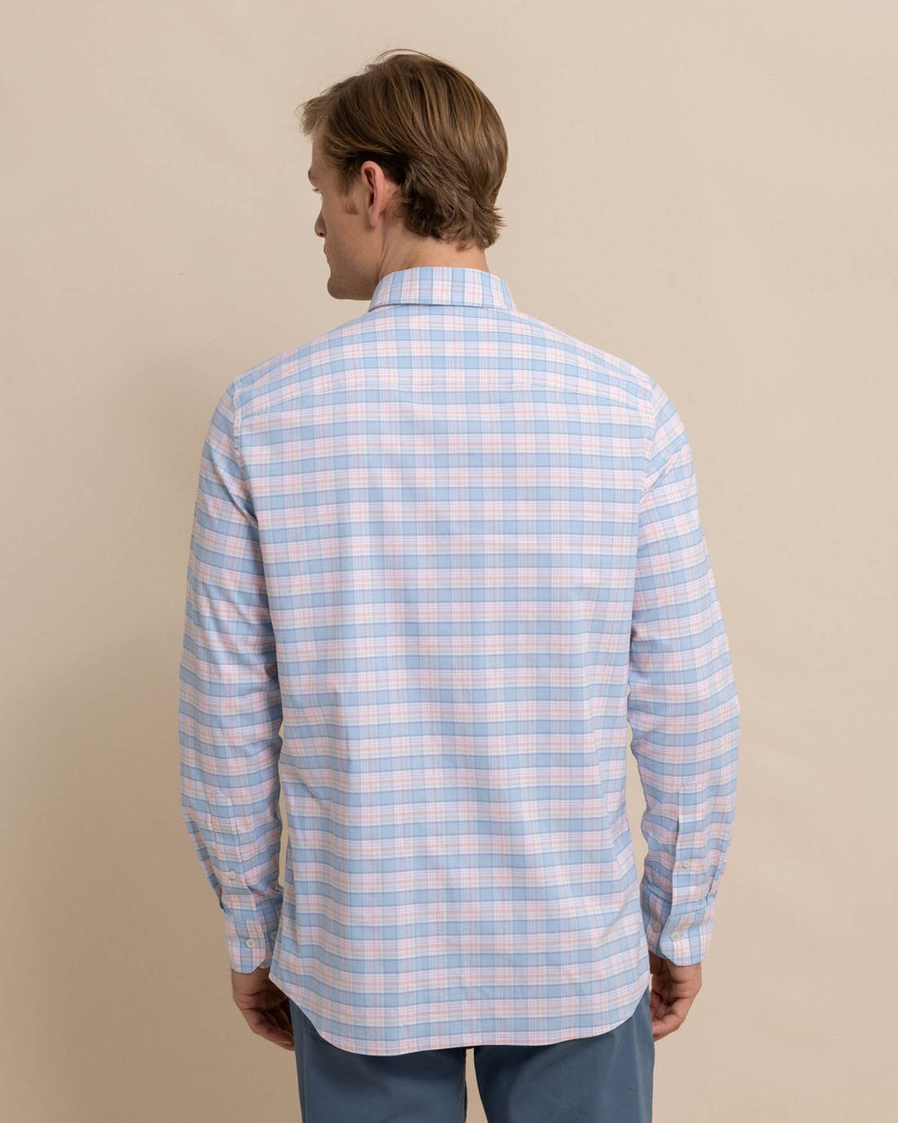 The back view of the Southern Tide Coastal Passage Brockman Plaid Long Sleeve SportShirt by Southern Tide - Clearwater Blue
