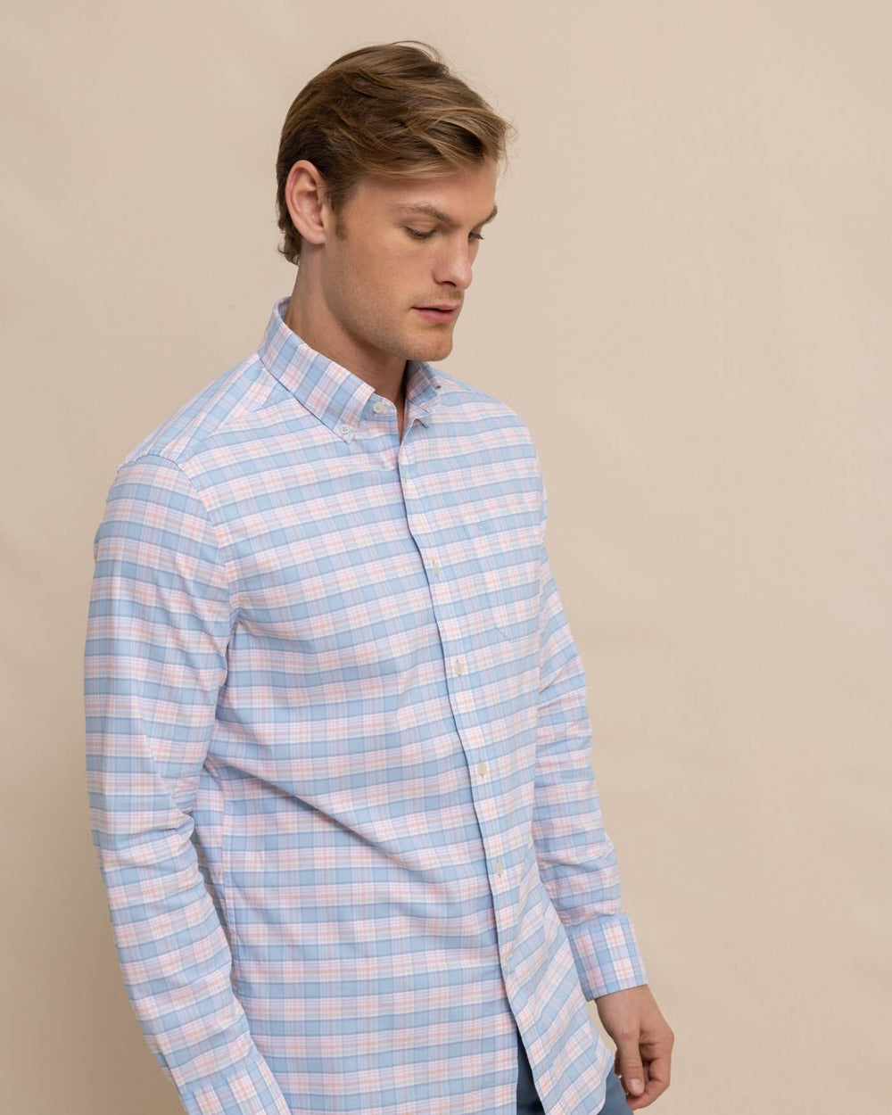 The front view of the Southern Tide Coastal Passage Brockman Plaid Long Sleeve SportShirt by Southern Tide - Clearwater Blue