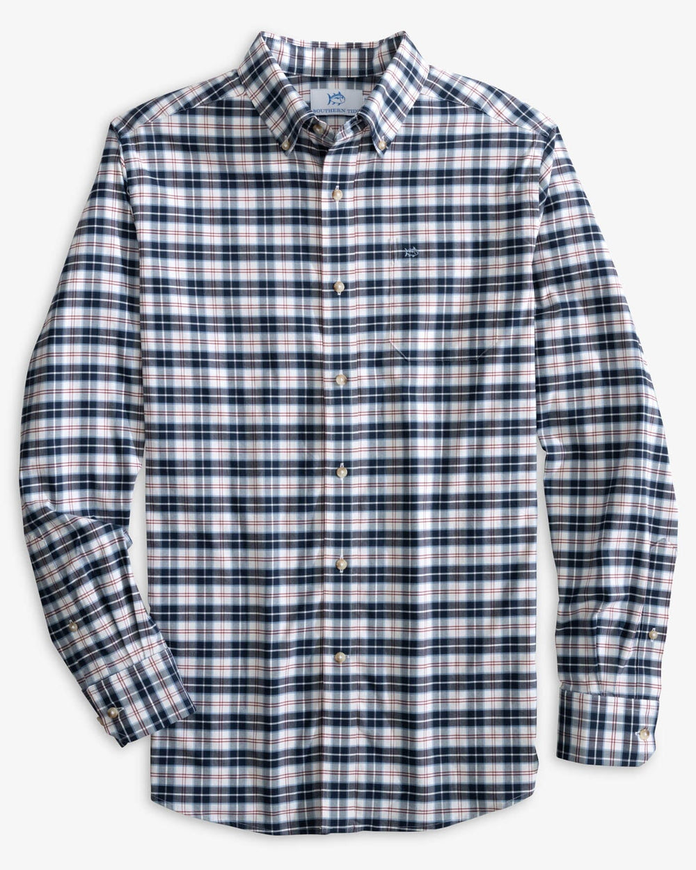 The front view of the Southern Tide Coastal Passage Dearview Plaid Sport Shirt by Southern Tide - Dress Blue