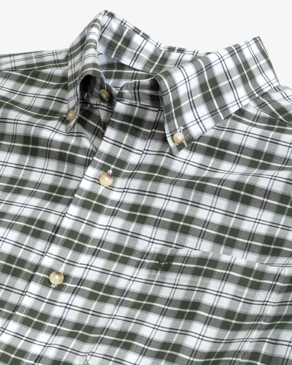 The detail view of the Southern Tide Coastal Passage Dearview Plaid Sport Shirt by Southern Tide - Gulf Green