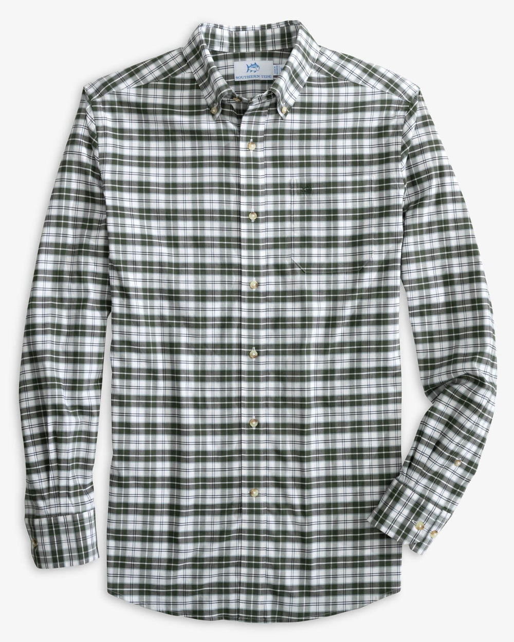 The front view of the Southern Tide Coastal Passage Dearview Plaid Sport Shirt by Southern Tide - Gulf Green