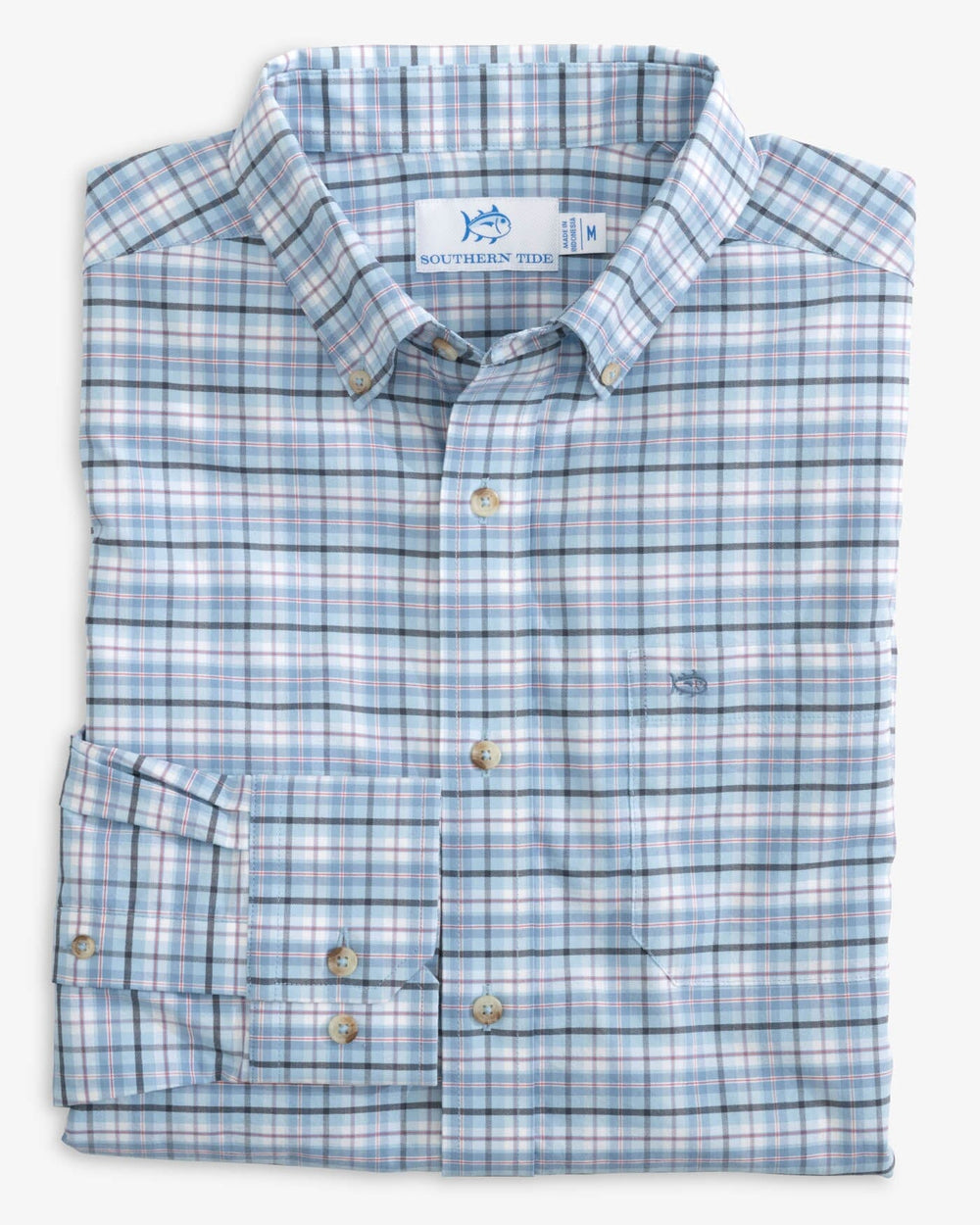 The folded view of the Southern Tide Coastal Passage Patton Plaid Sport Shirts by Southern Tide - Dream Blue