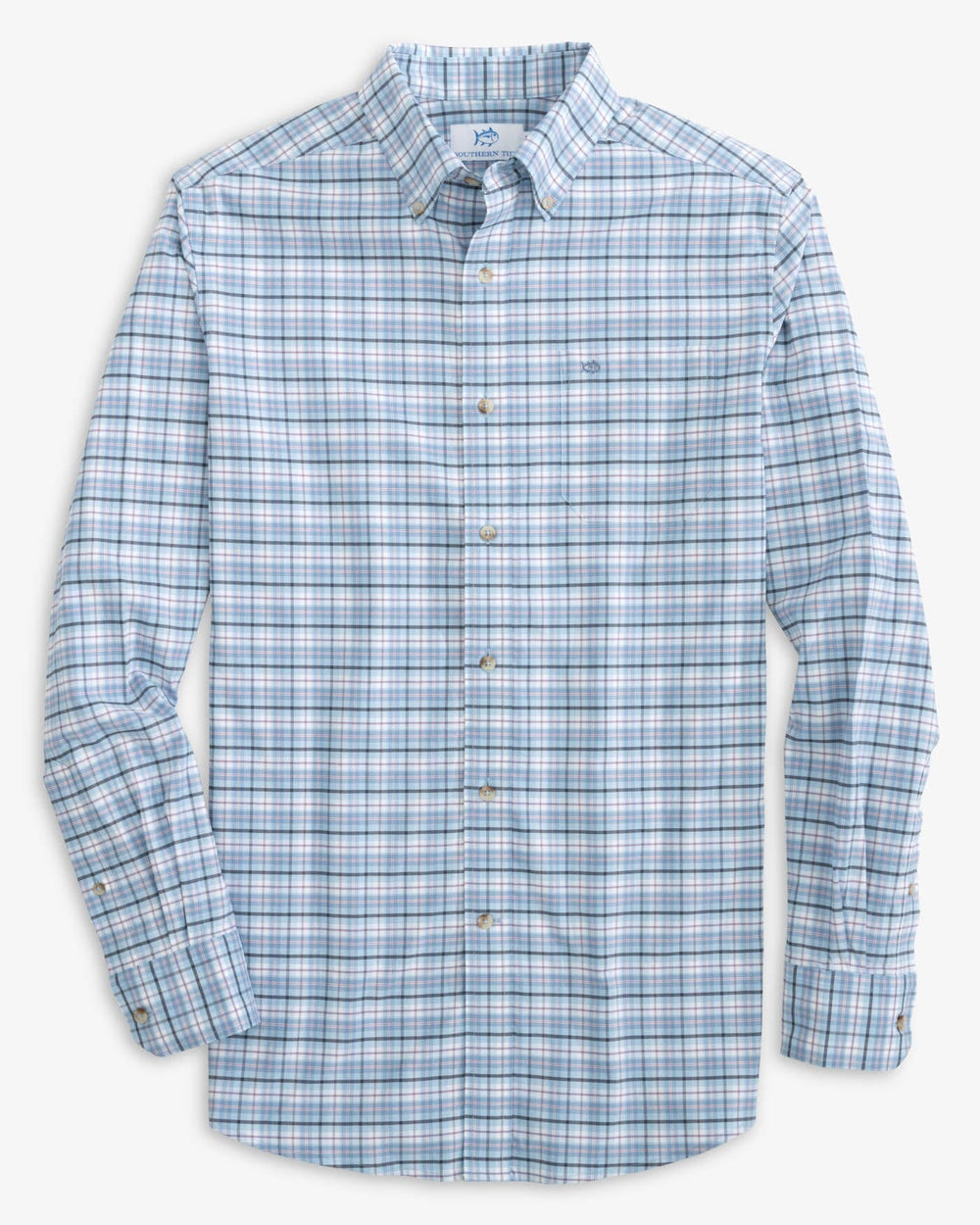 The front view of the Southern Tide Coastal Passage Patton Plaid Sport Shirts by Southern Tide - Dream Blue