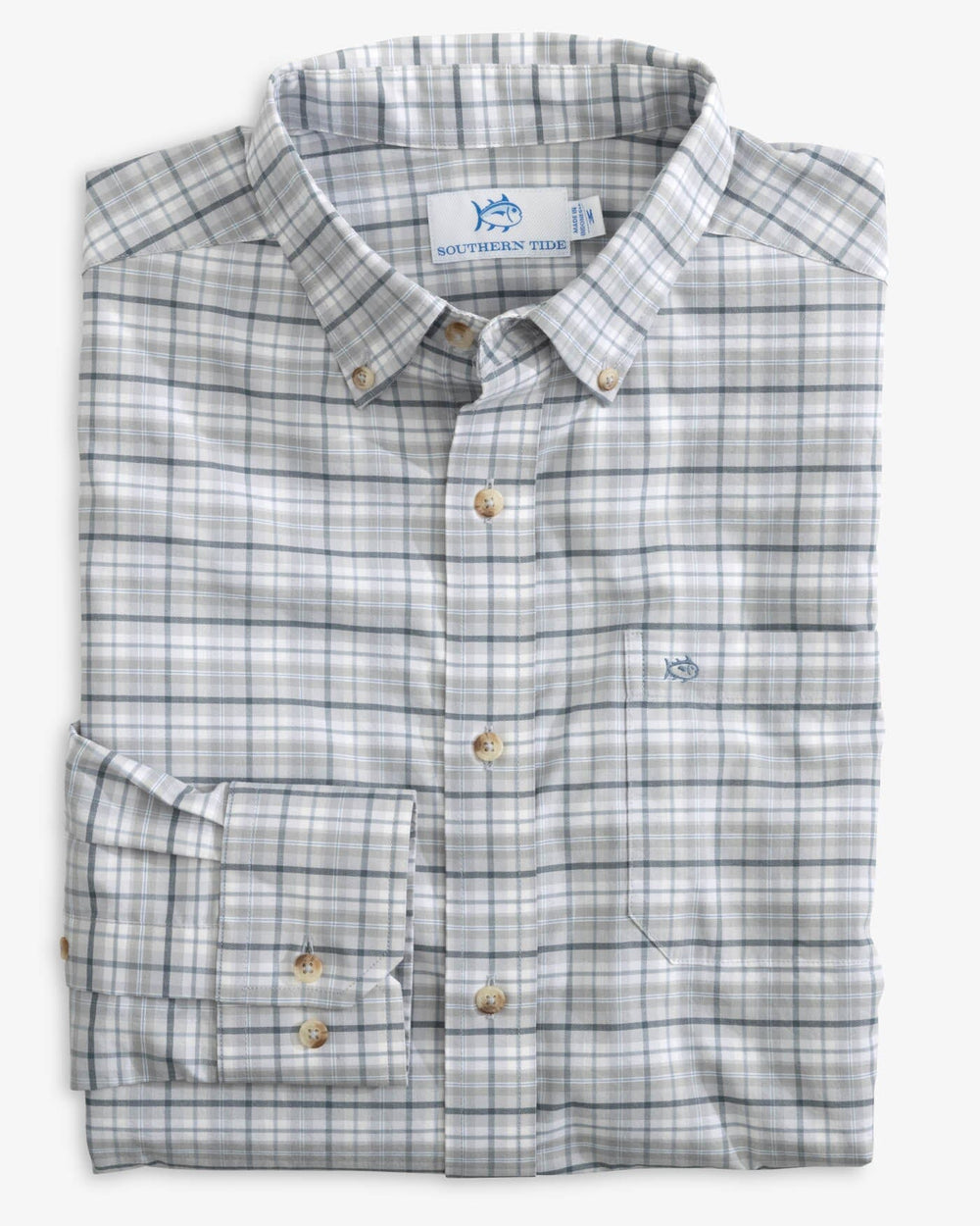 The folded view of the Southern Tide Coastal Passage Patton Plaid Sport Shirts by Southern Tide - Platinum Grey