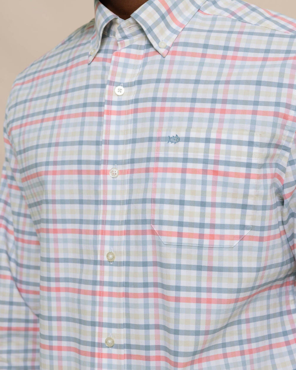 The detail view of the Southern Tide Coastal Passage Pelham Gingham Long Sleeve Sport Shirt by Southern Tide - Geranium Pink