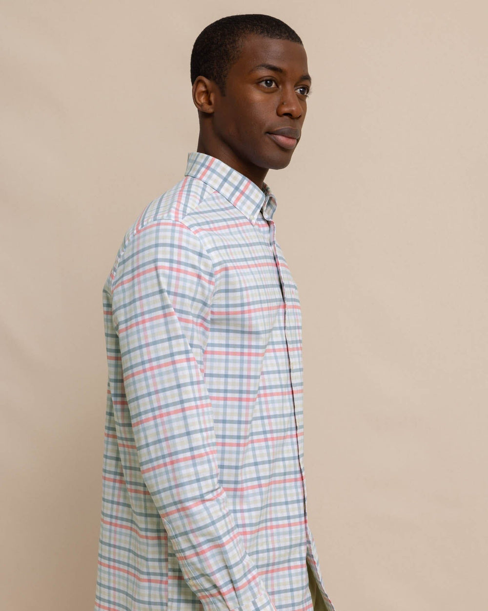 The front view of the Southern Tide Coastal Passage Pelham Gingham Long Sleeve Sport Shirt by Southern Tide - Geranium Pink