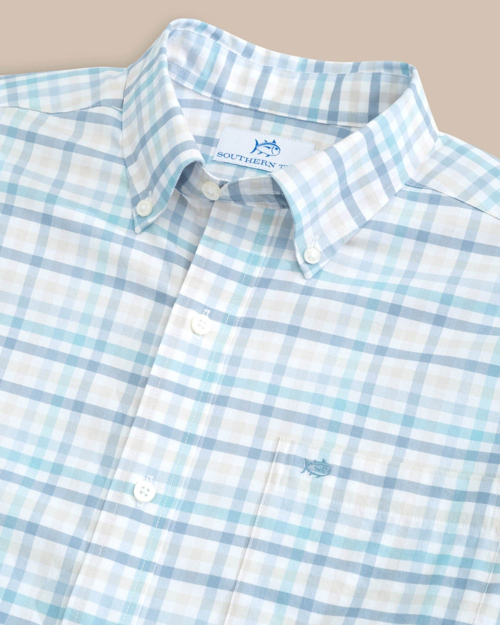 The detail view of the Southern Tide Coastal Passage Pelham Gingham Long Sleeve Sport Shirt by Southern Tide - Marine Blue