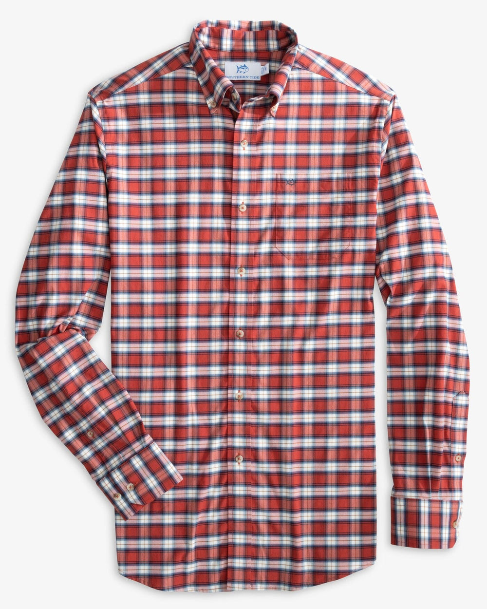 The front view of the Southern Tide Coastal Passage Rockledge Plaid Long Sleeve Sportshirt by Southern Tide - Fire Place Red