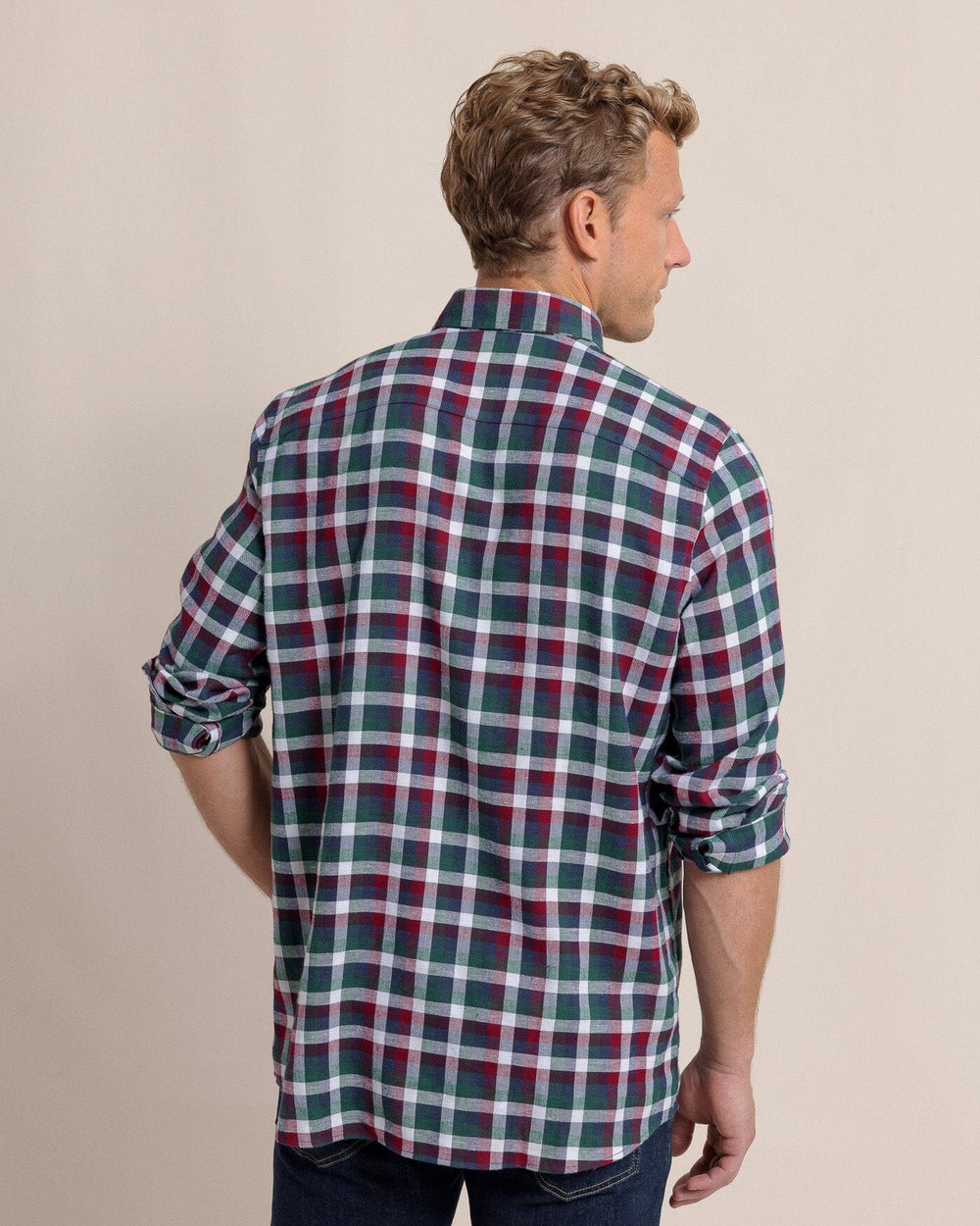 The back view of the Southern Tide Cobblestone Plaid Beach Flannel Sport Shirt by Southern Tide - Muscadine