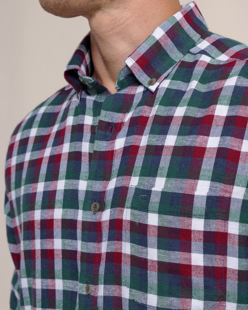 The detail view of the Southern Tide Cobblestone Plaid Beach Flannel Sport Shirt by Southern Tide - Muscadine