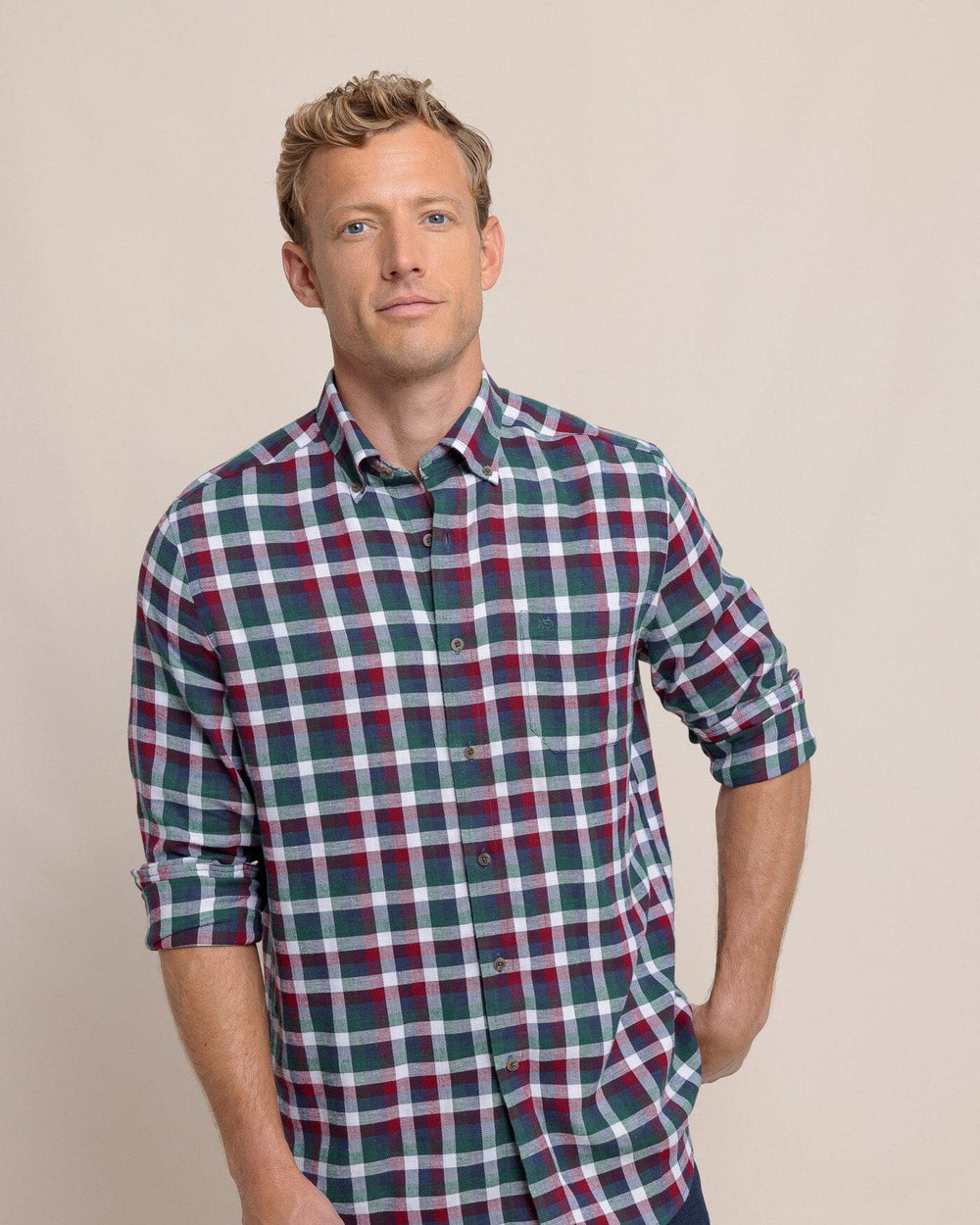 The front view of the Southern Tide Cobblestone Plaid Beach Flannel Sport Shirt by Southern Tide - Muscadine