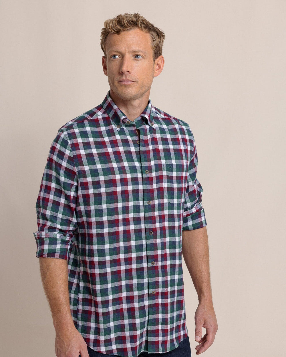 The side view of the Southern Tide Cobblestone Plaid Beach Flannel Sport Shirt by Southern Tide - Muscadine