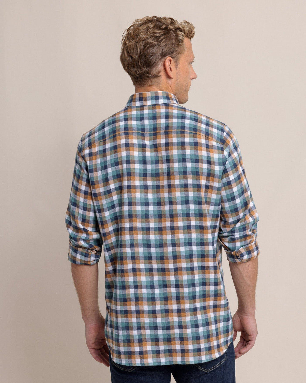 The back view of the Southern Tide Cobblestone Plaid Beach Flannel Sport Shirt by Southern Tide - Teal