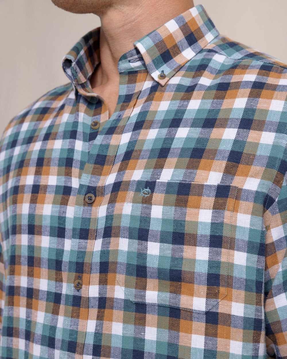 The detail view of the Southern Tide Cobblestone Plaid Beach Flannel Sport Shirt by Southern Tide - Teal