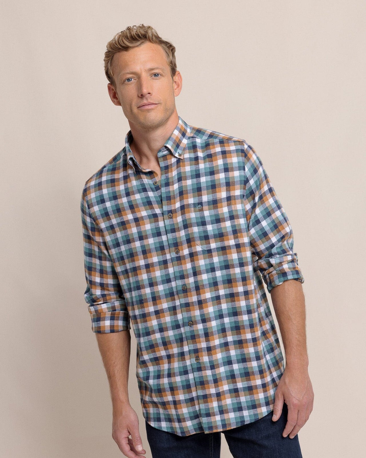 The front view of the Southern Tide Cobblestone Plaid Beach Flannel Sport Shirt by Southern Tide - Teal