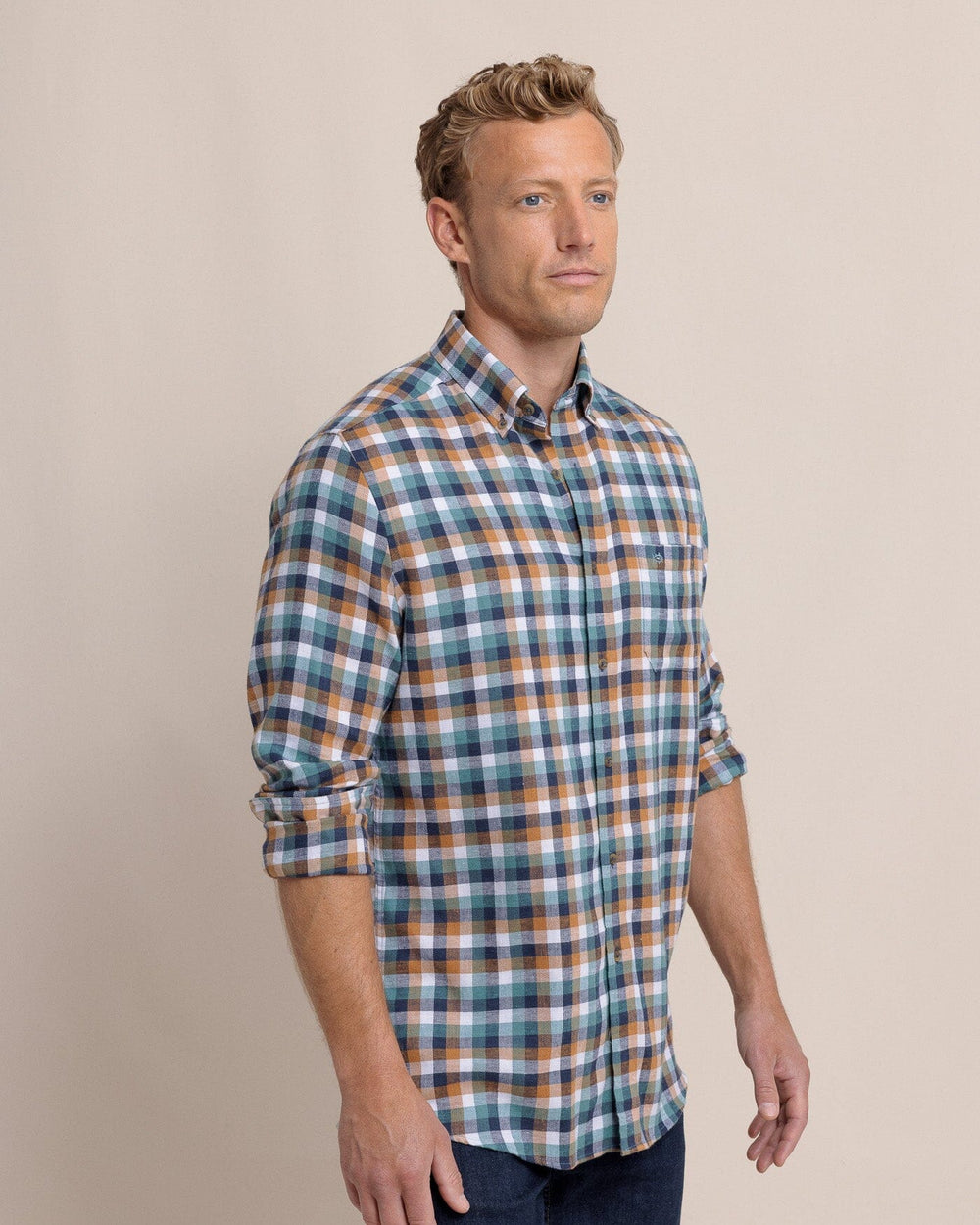 The side view of the Southern Tide Cobblestone Plaid Beach Flannel Sport Shirt by Southern Tide - Teal