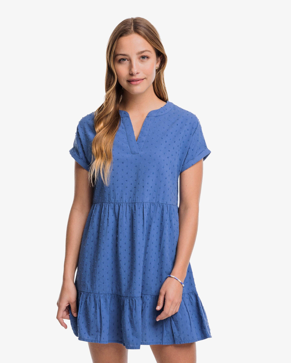 The front view of the Southern Tide Colette Swiss Dot Dress by Southern Tide - Seven Seas Blue