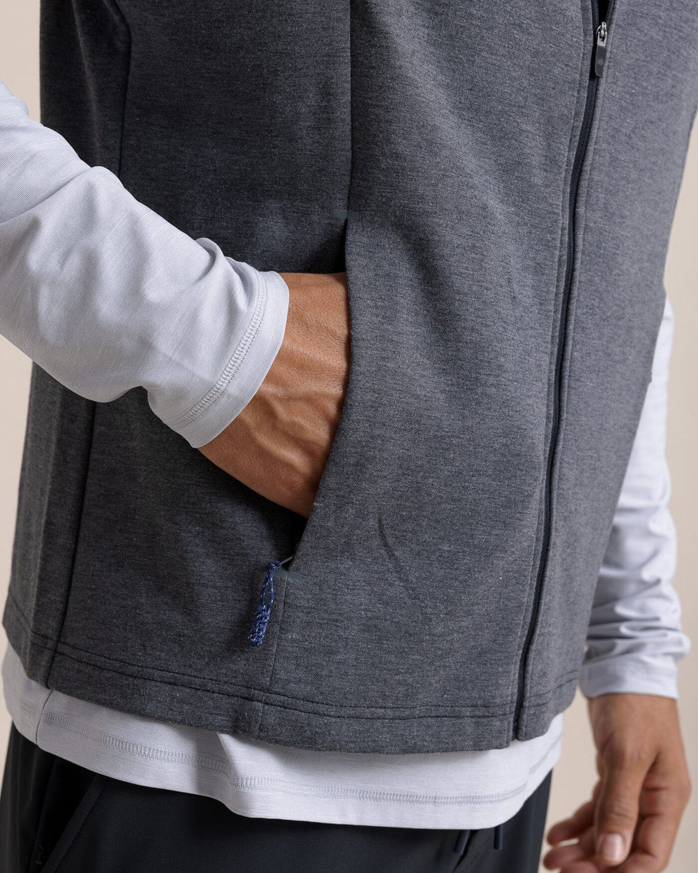 The pocket view of the Southern Tide Coligny Quilted Vest by Southern Tide - Caviar Black