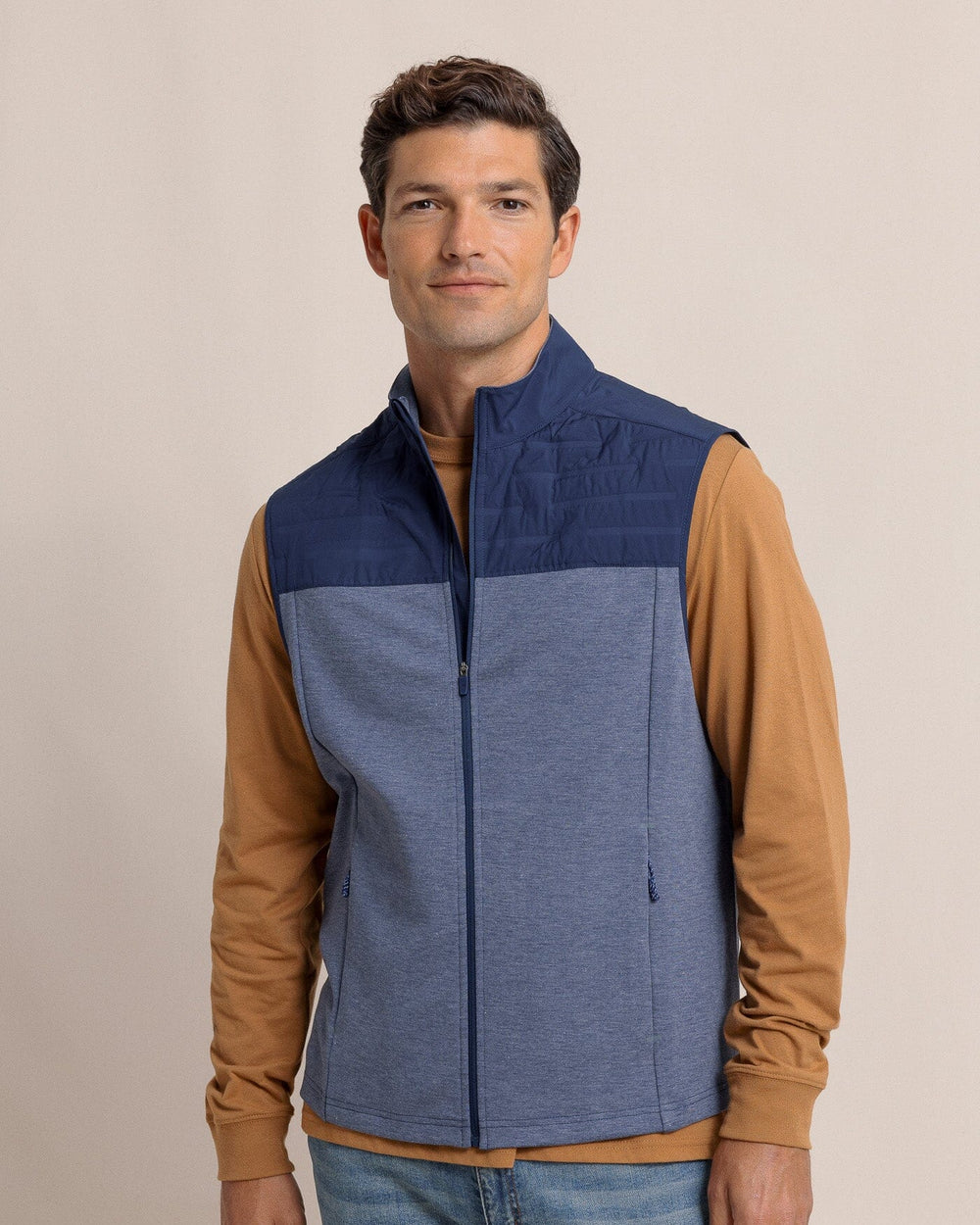 The front view of the Southern Tide Coligny Quilted Vest by Southern Tide - Dress Blue