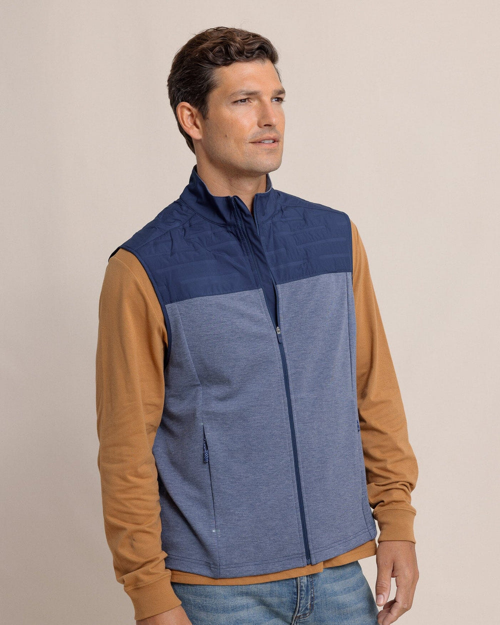 The side view of the Southern Tide Coligny Quilted Vest by Southern Tide - Dress Blue