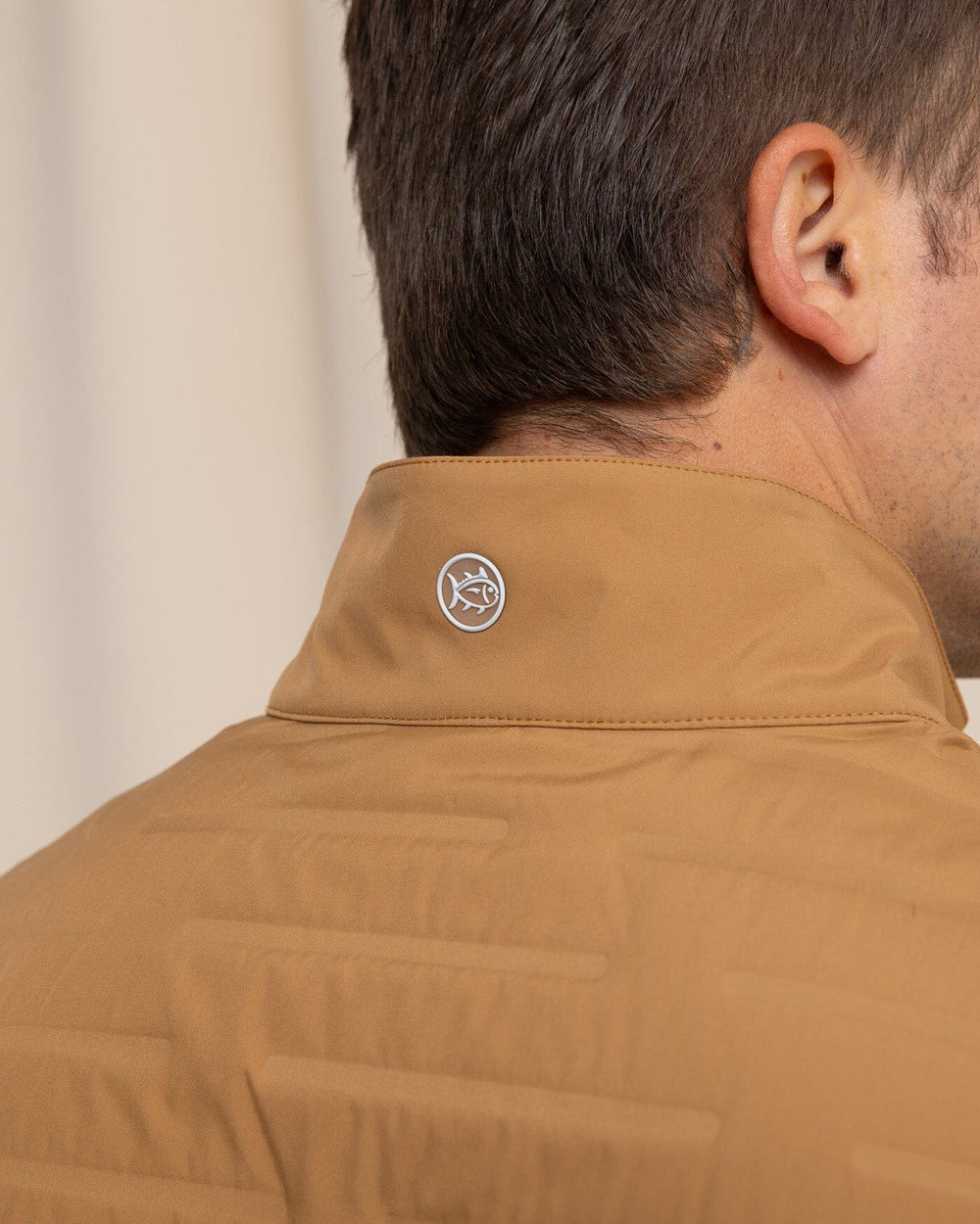 The collar view of the Southern Tide Coligny Quilted Vest by Southern Tide - Hazelnut Khaki