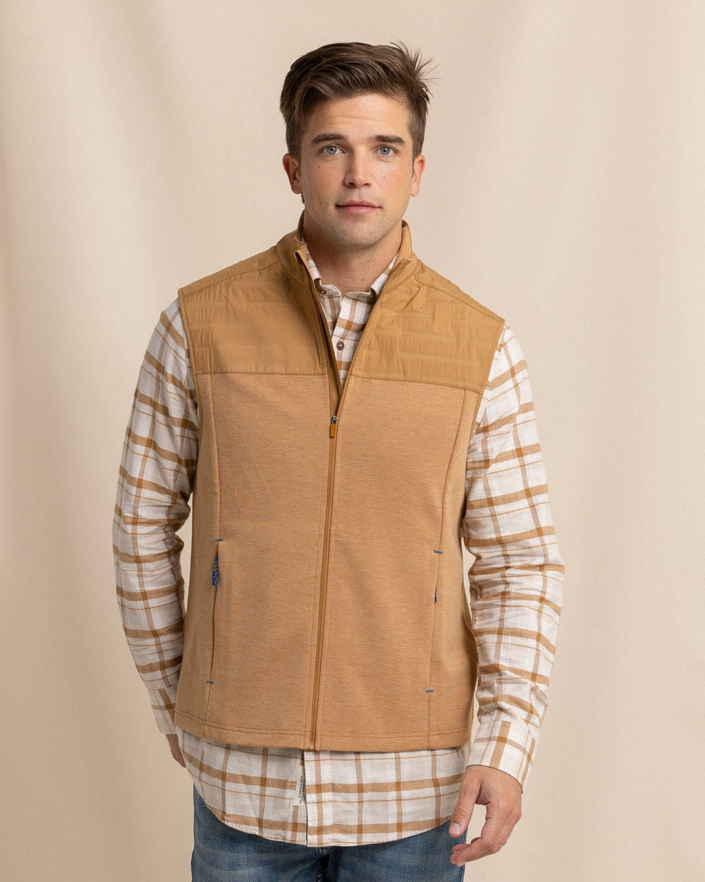 The front view of the Southern Tide Coligny Quilted Vest by Southern Tide - Hazelnut Khaki