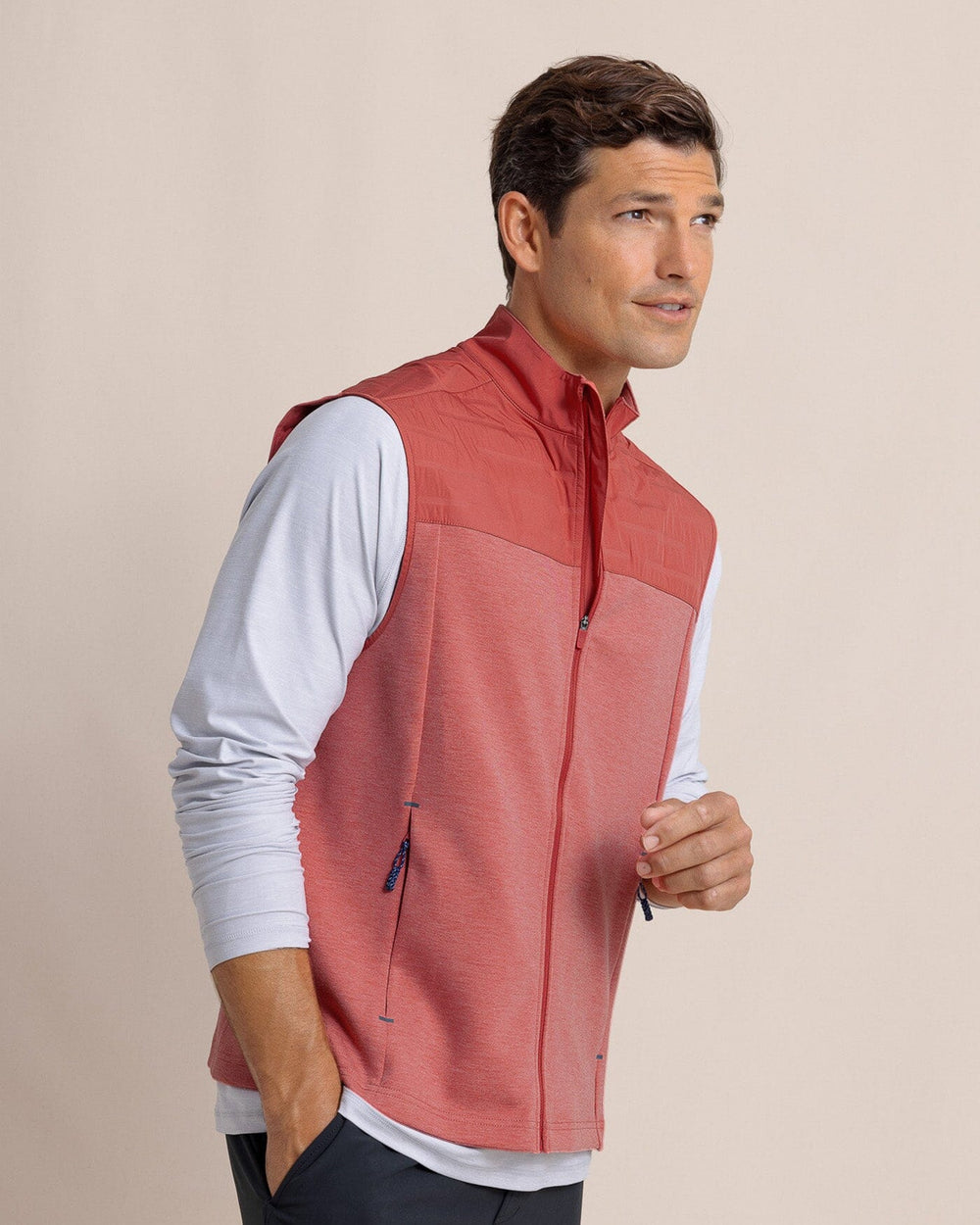 The front view of the Southern Tide Coligny Quilted Vest by Southern Tide - Mineral Red