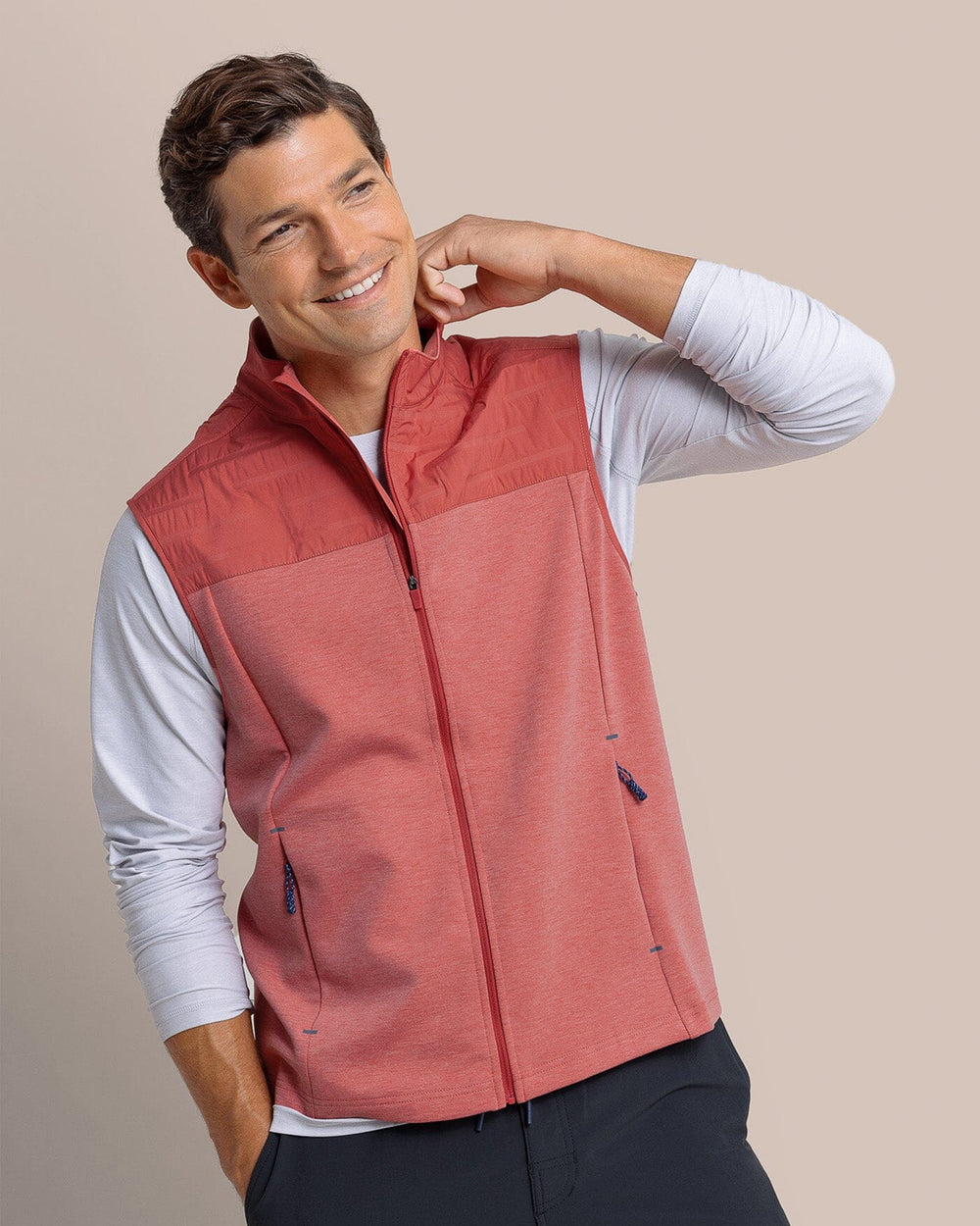 The front view of the Southern Tide Coligny Quilted Vest by Southern Tide - Mineral Red