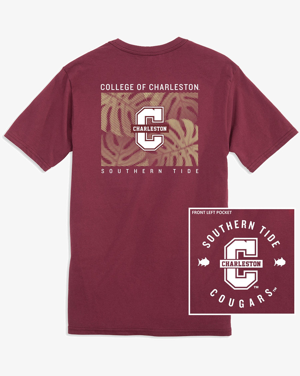 The back view of the College of Charleston Halftone Monstera T-Shirt by Southern Tide - Chianti