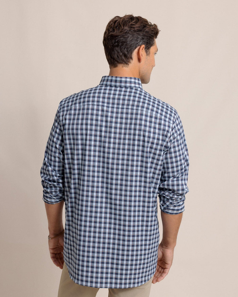 The back view of the Southern Tide Colleton Plaid Intercoastal Long Sleeve Sport Shirt by Southern Tide - Dress Blue