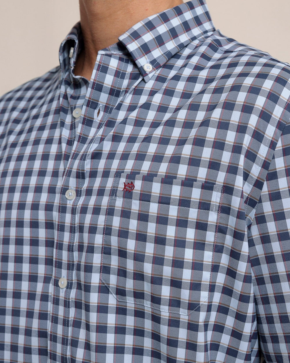 The detail view of the Southern Tide Colleton Plaid Intercoastal Long Sleeve Sport Shirt by Southern Tide - Dress Blue