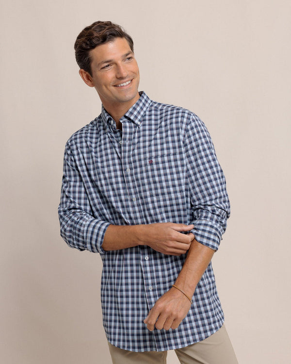 The front view of the Southern Tide Colleton Plaid Intercoastal Long Sleeve Sport Shirt by Southern Tide - Dress Blue