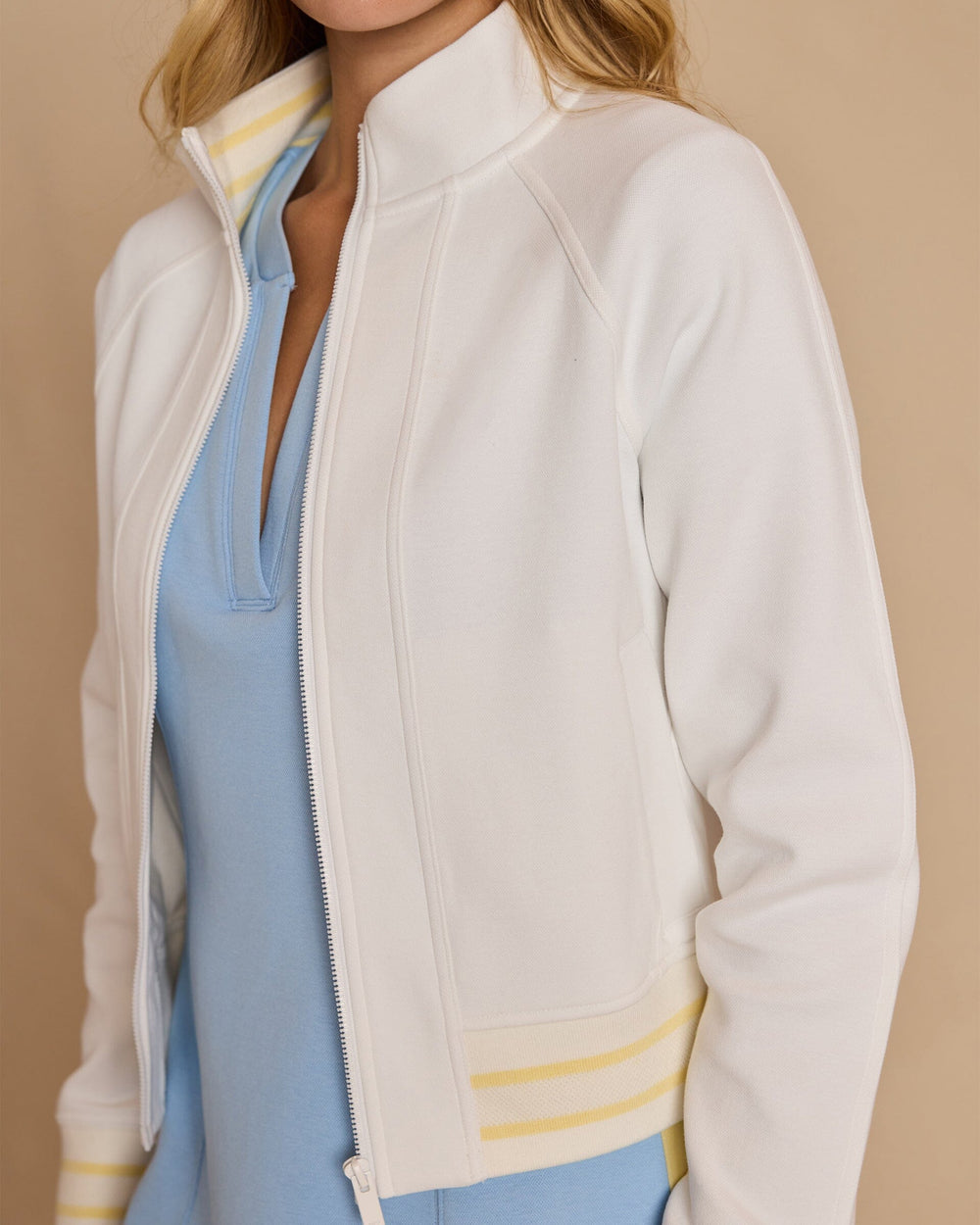 The detail view of the Southern Tide Colorblock Bomber Jacket by Southern Tide - Classic White