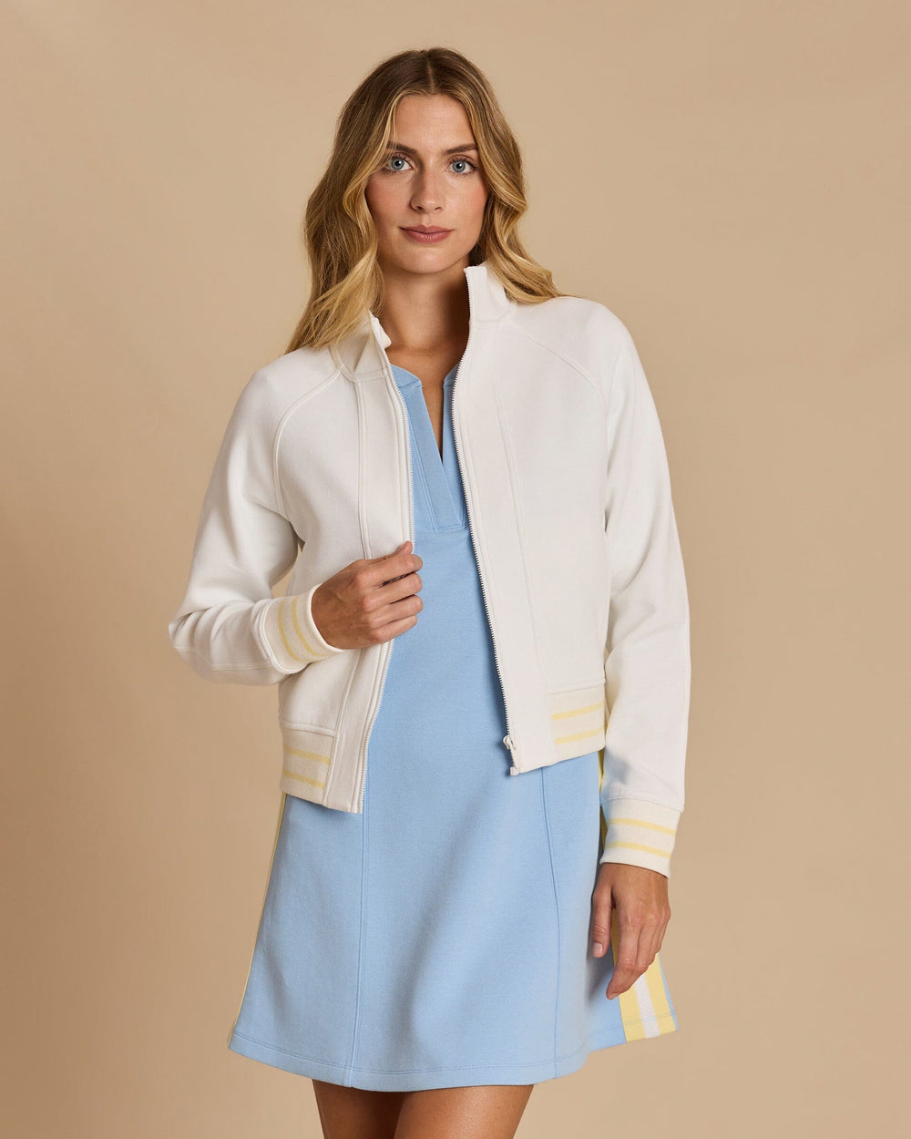 The front view of the Southern Tide Colorblock Bomber Jacket by Southern Tide - Classic White