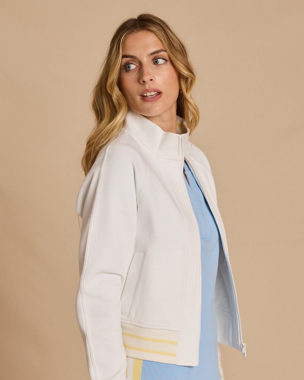 The side view of the Southern Tide Colorblock Bomber Jacket by Southern Tide - Classic White