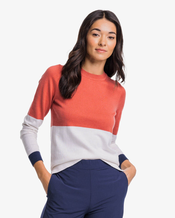 The front view of the Southern Tide Colorblock Fireside Sweater by Southern Tide - Dusty Coral