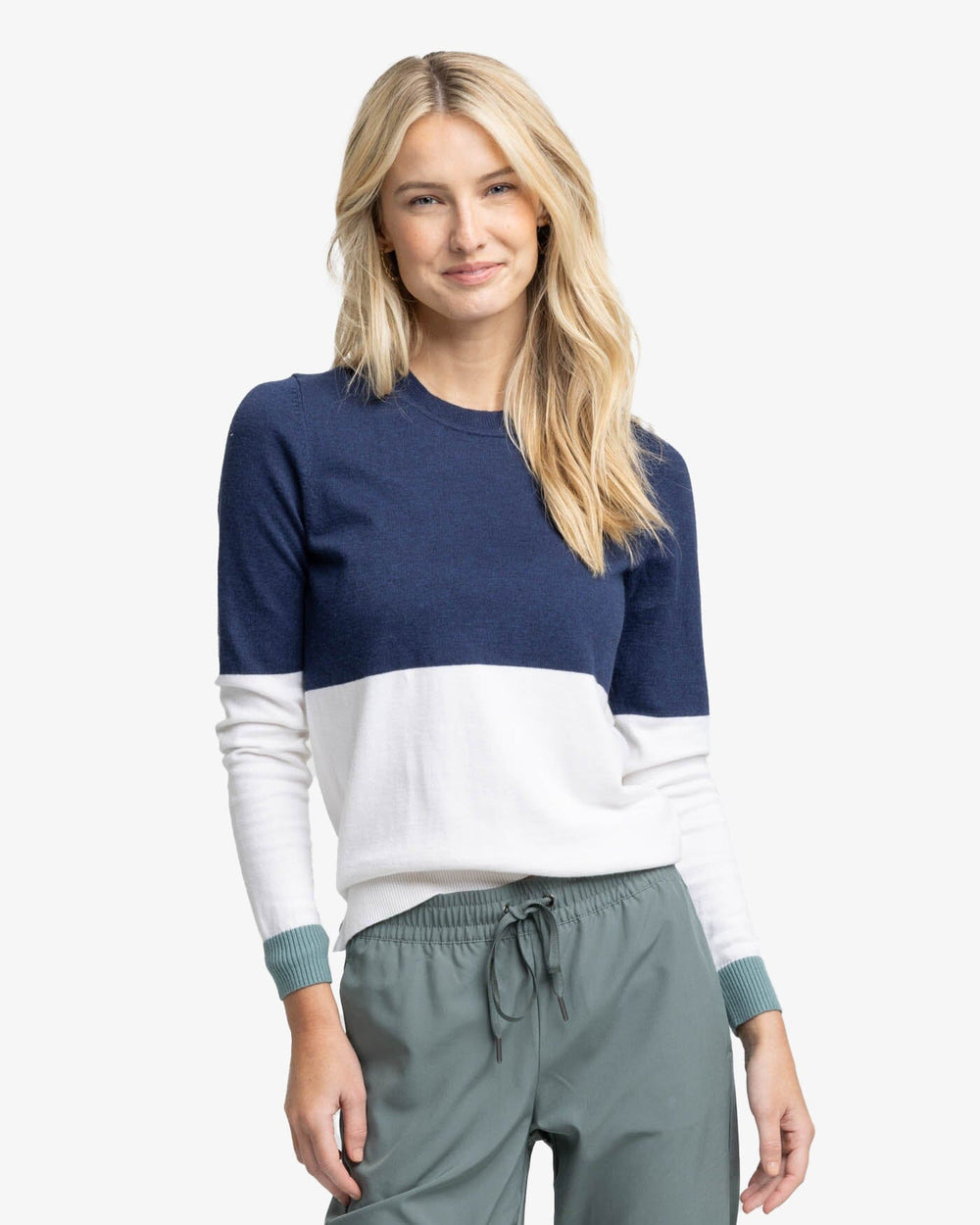 The front view of the Southern Tide Colorblock Fireside Sweater by Southern Tide - Nautical Navy