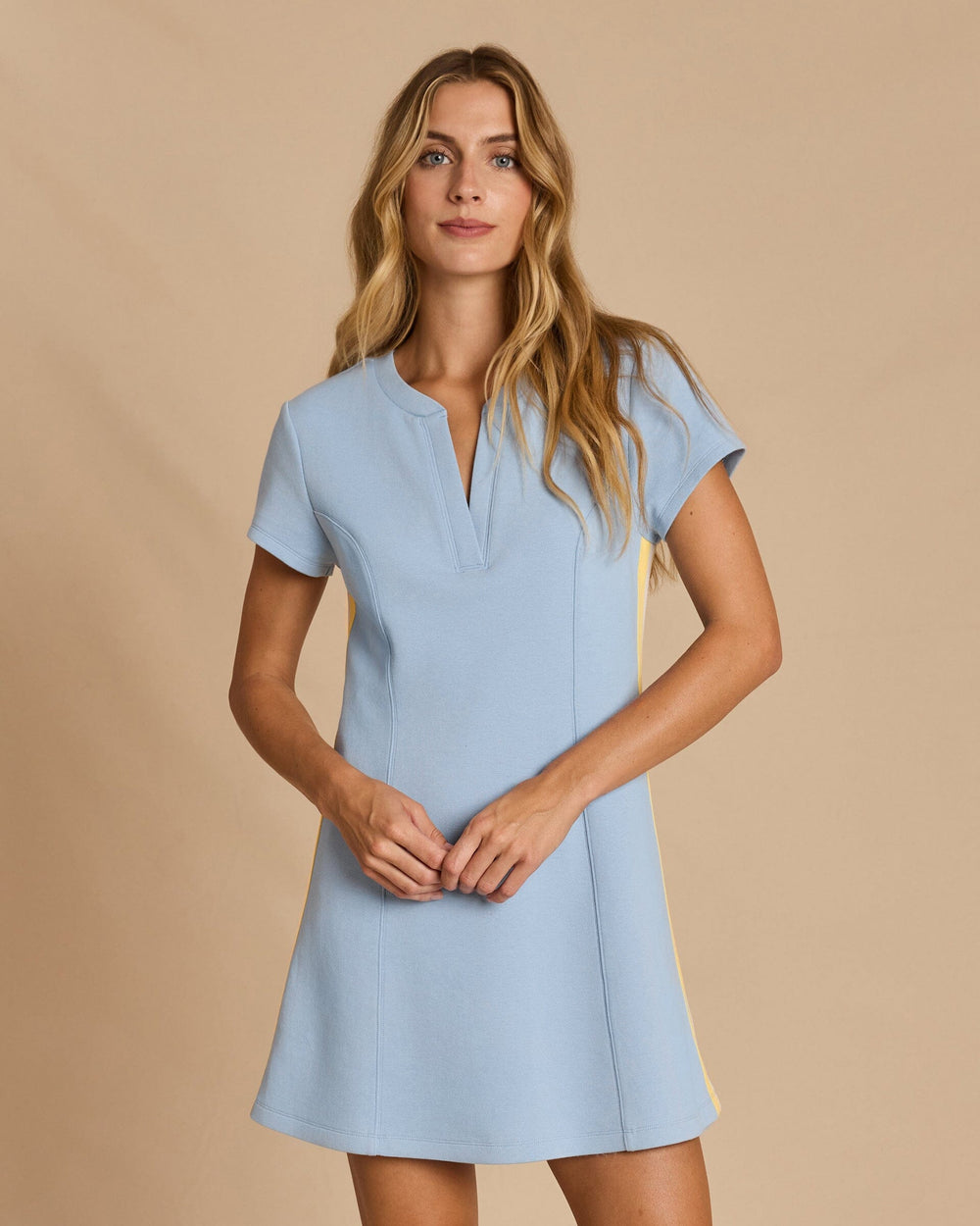 The front view of the Southern Tide Colorblock Pique Dress by Southern Tide - Tide Blue