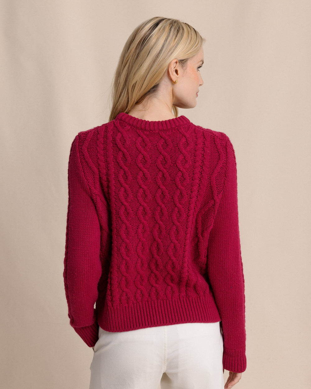 The back view of the Southern Tide Connie Cable Knit Sweater by Southern Tide - Carolina Plum