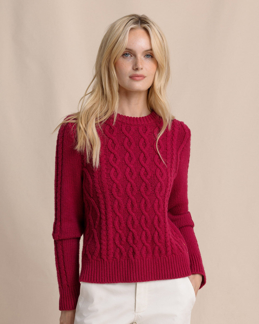 The front view of the Southern Tide Connie Cable Knit Sweater by Southern Tide - Carolina Plum