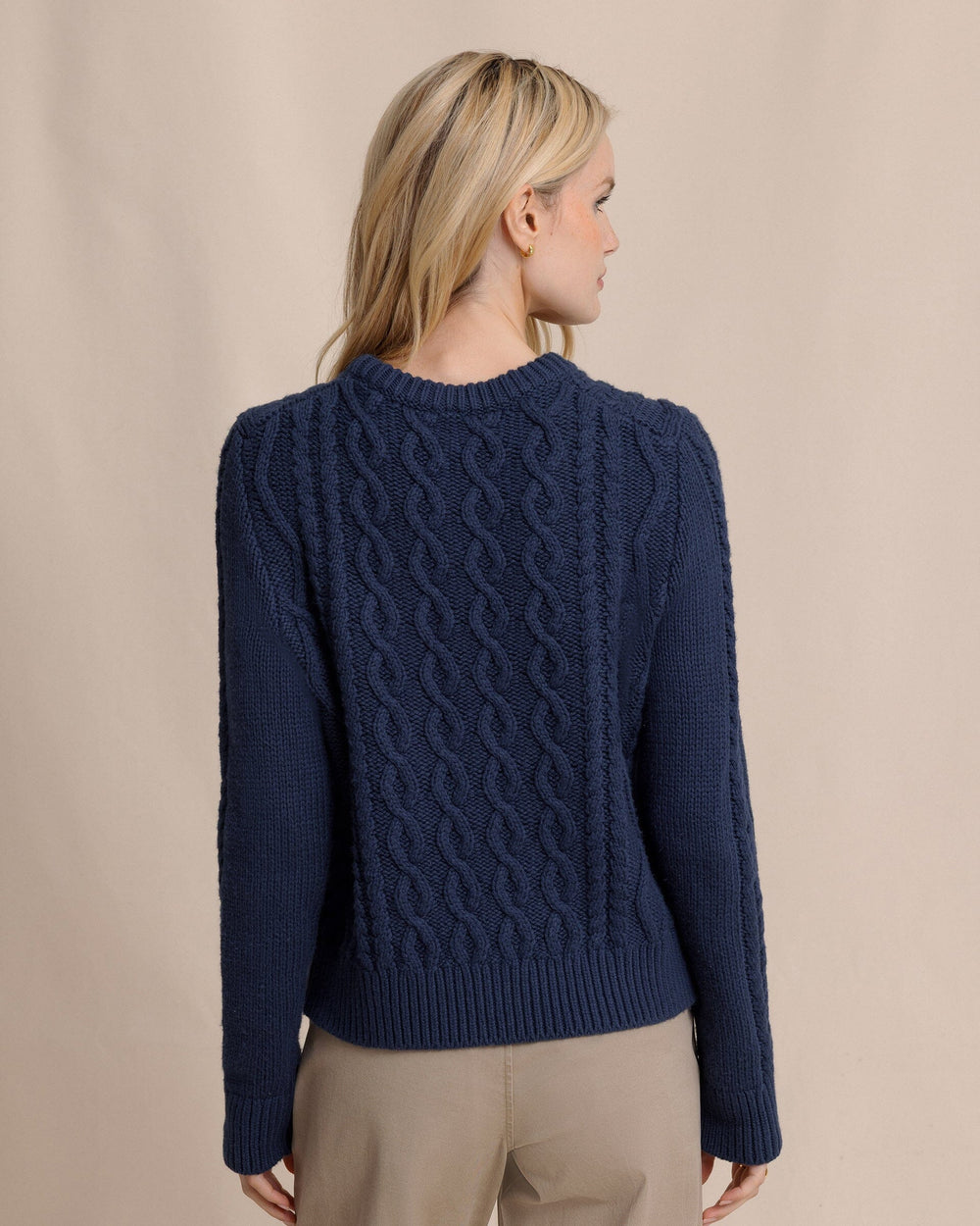 The back view of the Southern Tide Connie Cable Knit Sweater by Southern Tide - Dress Blue