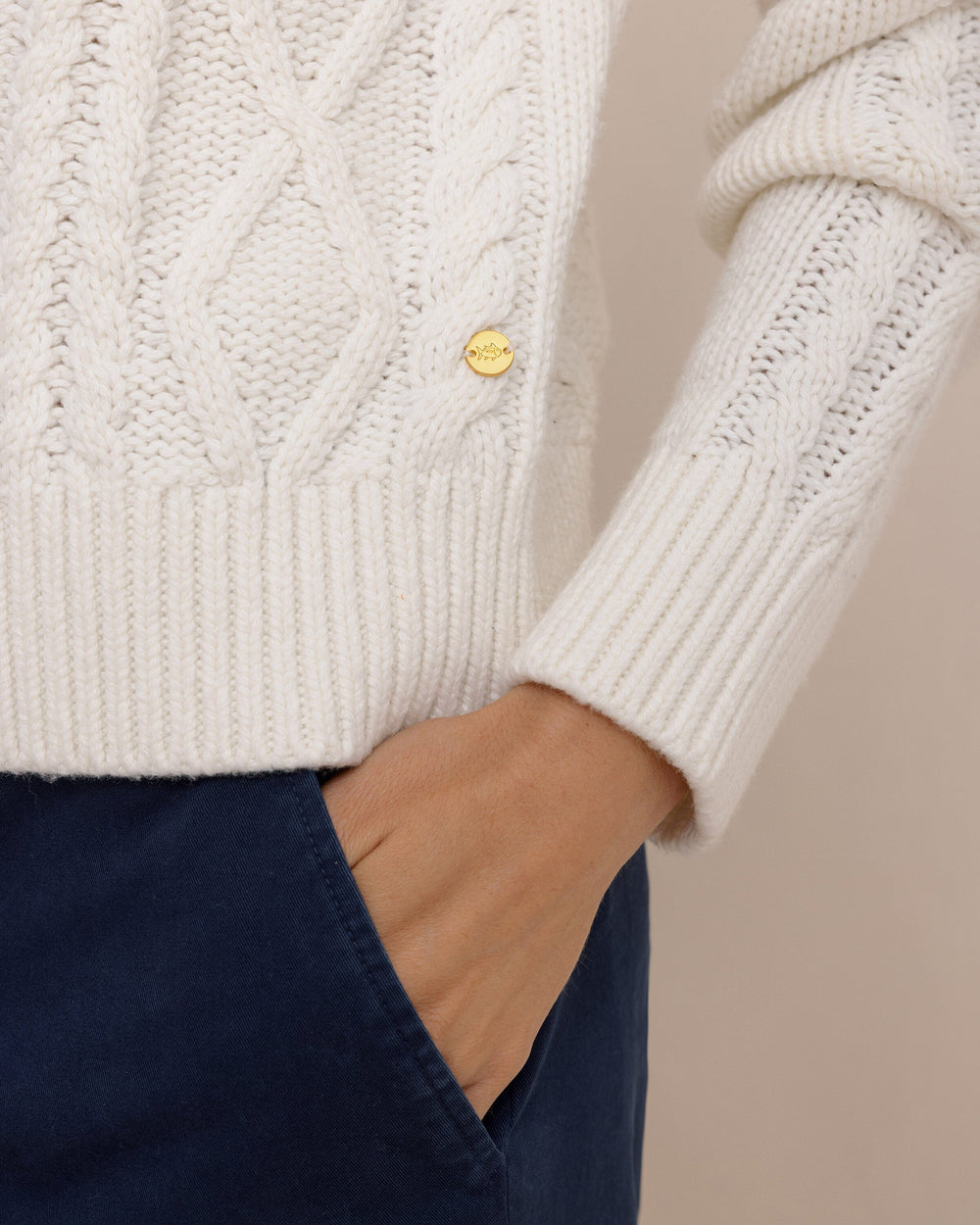 The detail view of the Southern Tide Connie Cable Knit Sweater by Southern Tide - Sand White