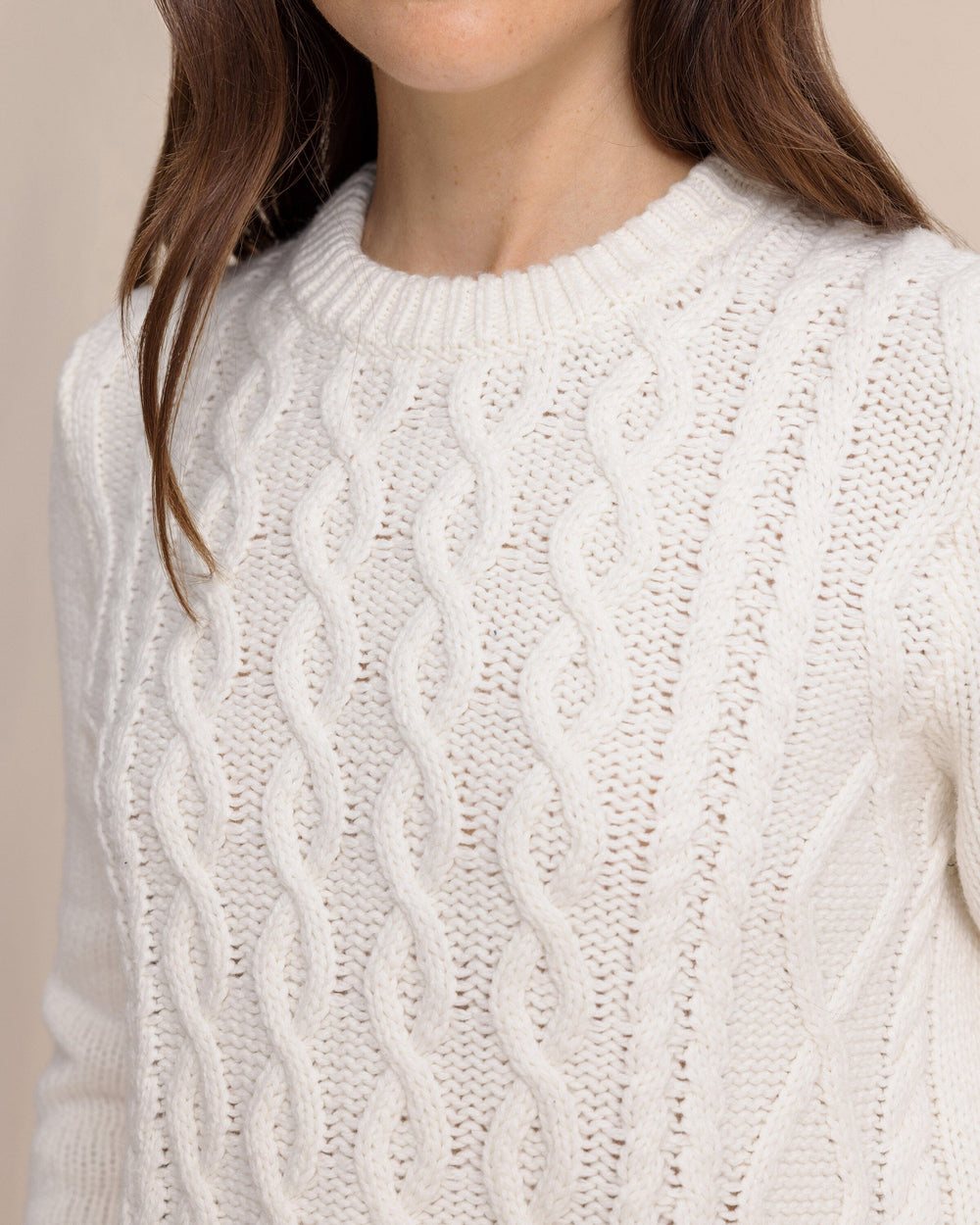 The detail view of the Southern Tide Connie Cable Knit Sweater by Southern Tide - Sand White