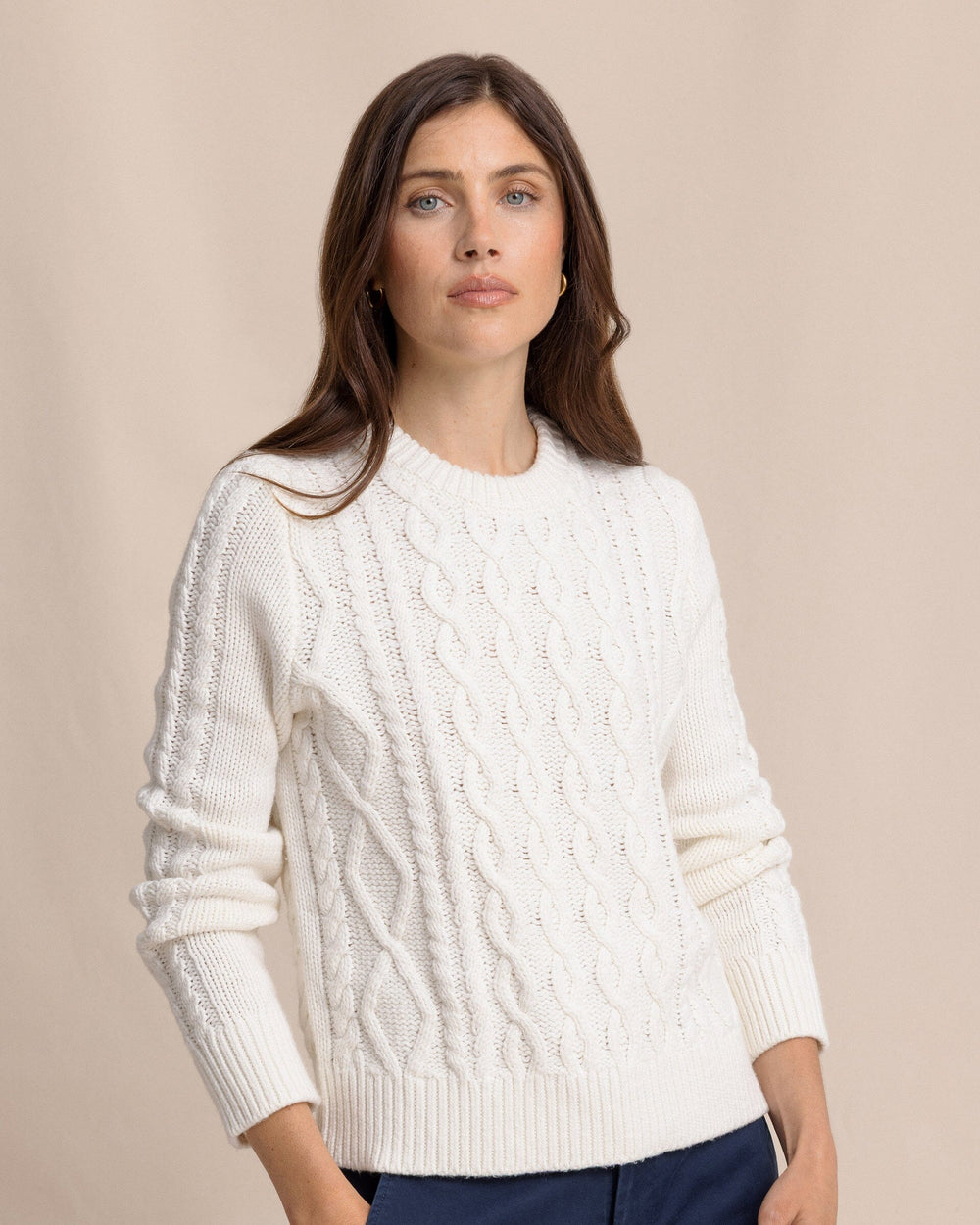 The front view of the Southern Tide Connie Cable Knit Sweater by Southern Tide - Sand White