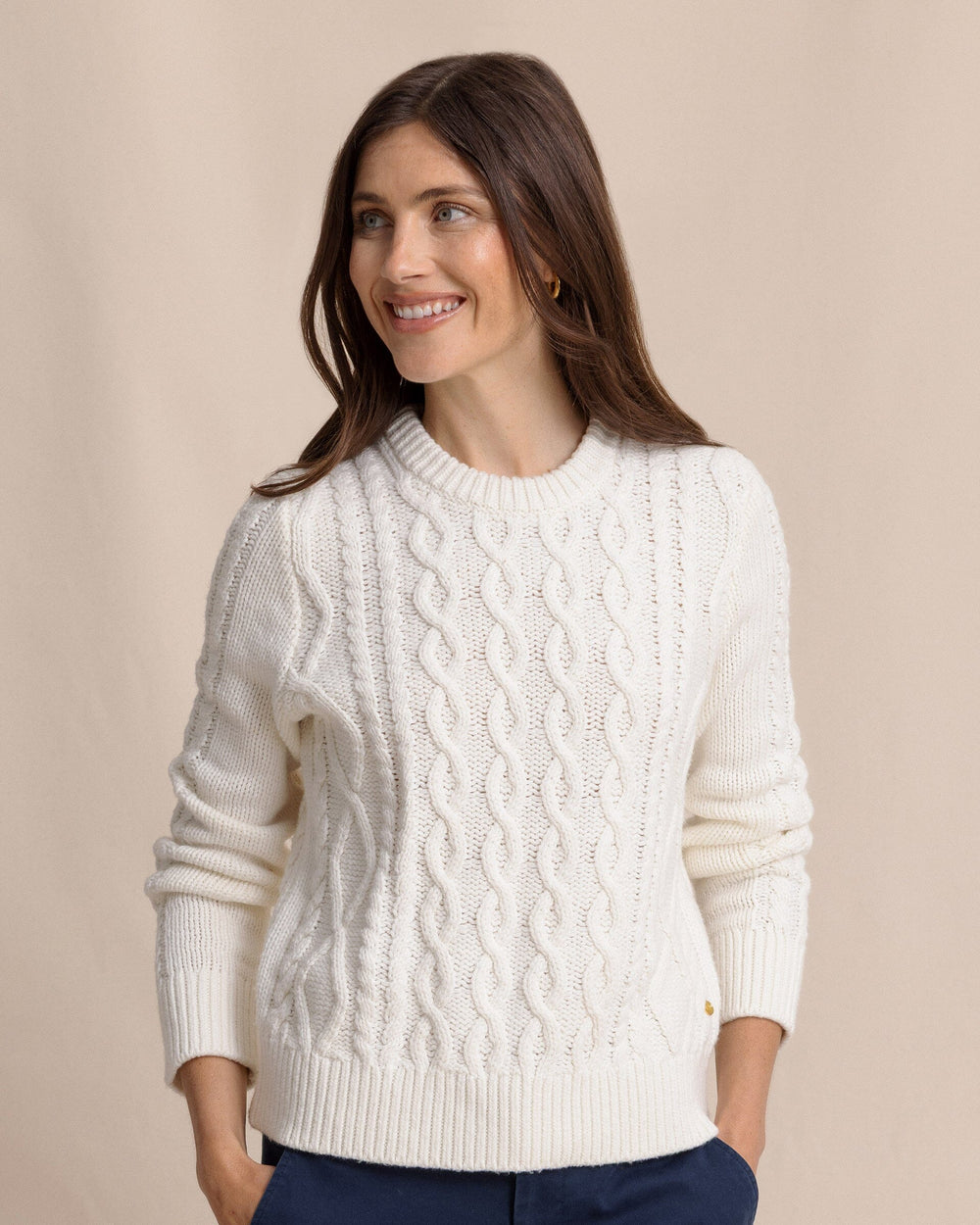 The front view of the Southern Tide Connie Cable Knit Sweater by Southern Tide - Sand White