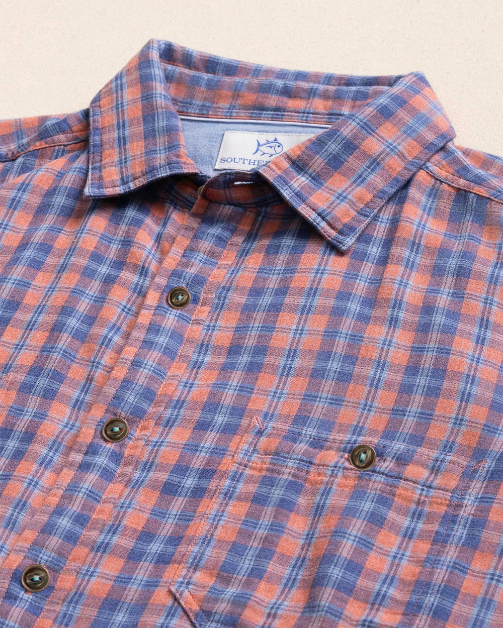 The detail view of the Southern Tide Coral Cove Heather Double Cloth Sport Shirt by Southern Tide - Heather Coral Beach
