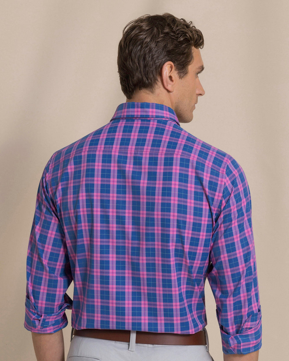 The back view of the Southern Tide Coral Sands Coastal Breeze® Sport Shirt by Southern Tide - Azalea Pink