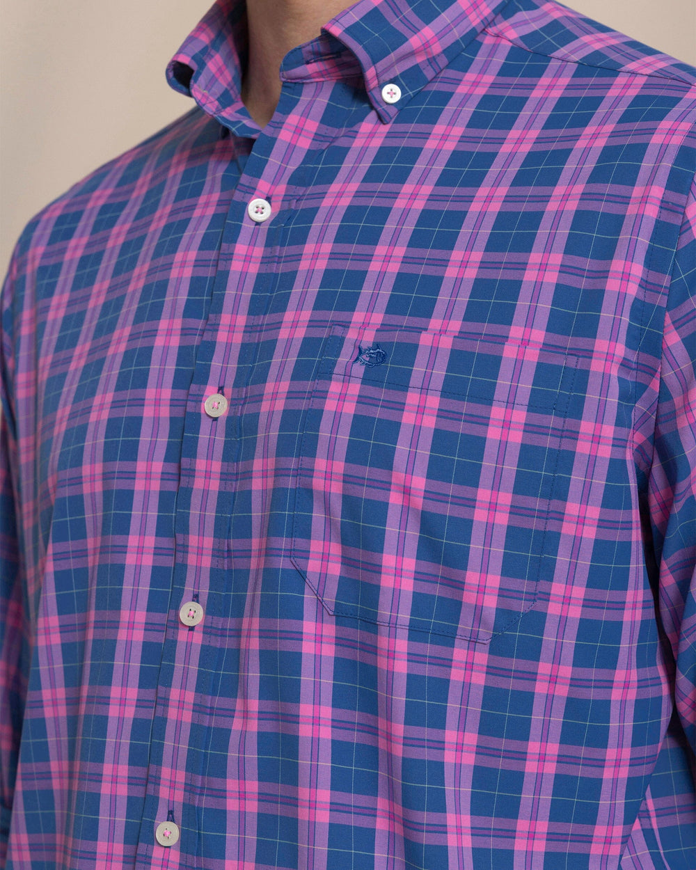 The detail view of the Southern Tide Coral Sands Coastal Breeze® Sport Shirt by Southern Tide - Azalea Pink
