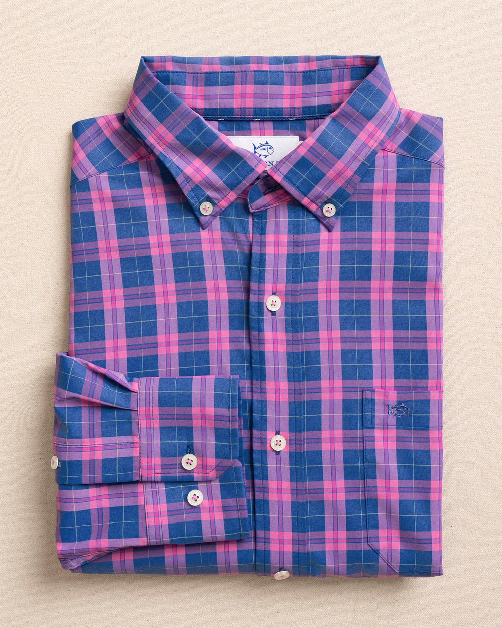 The front view of the Southern Tide Coral Sands Coastal Breeze® Sport Shirt by Southern Tide - Azalea Pink