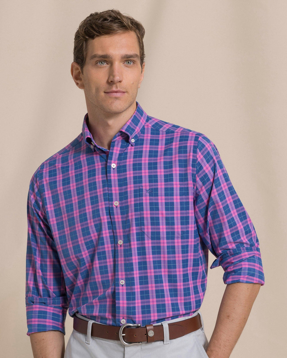 The front view of the Southern Tide Coral Sands Coastal Breeze® Sport Shirt by Southern Tide - Azalea Pink